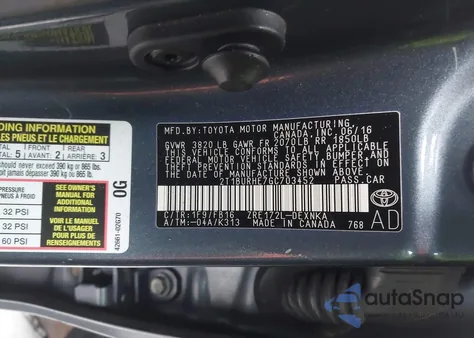 2016 Toyota Corolla Le из США, поврежденный, VIN 2T1BURHE7GC703452